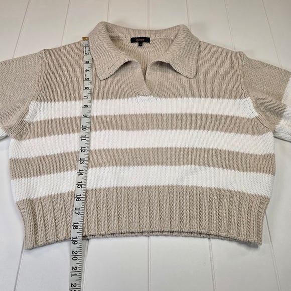 Quince Women's Medium Organic Cotton Cropped Polo Sweater Beige Ivory Stripe - Picture 9 of 9